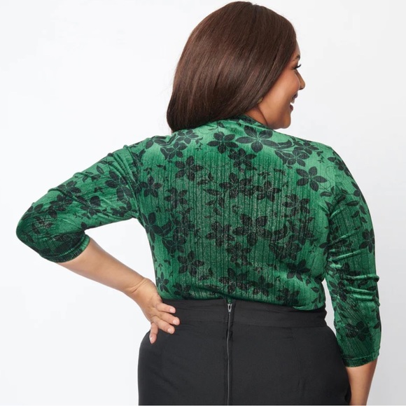 Unique Vintage Plus Size Black Floral Velvet Friday Night Bodysuit - Picture 12 of 12